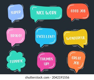 "Great job, good, super, bravo, excellent, thumbs up, wonderful"  icons in speech bubble