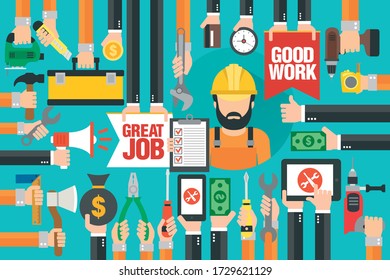 Great job. Good work. Repair service design flat with master, repairman. Vector illustration