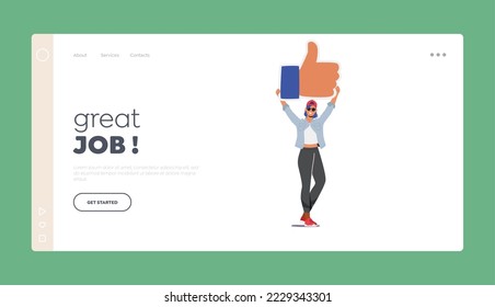 Great Job Landing Page Template. Stylish Girl Holding Huge Thumb Up Like Icon. Female Follower Character Gives Like In Network. Social Media Community Communication. Cartoon People Vector Illustration