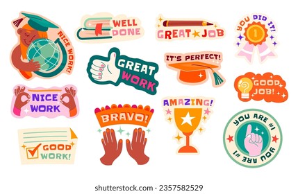 Great job school and sport achievement reward sticker for greeting due to success isolated set. Vector illustration of nice work, perfect, best, well done, amazing you do it, bravo motivation badge