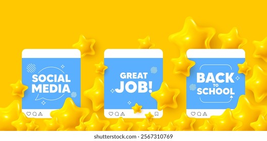 Great job social media post. Back to school template. Great job tag. Recruitment agency sign. Hire employees symbol. Like, comment and share icons. Vector