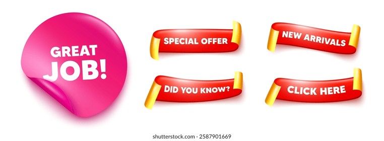 Great job sticker, offer ribbons. New arrivals, Click here. Great job tag. Recruitment agency sign. Hire employees symbol. Pink sticker tag. Flag ribbon banners. Vector