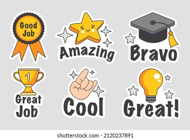 Great job stickers. Collection of icons for site. Awards and prizes. Reward for accomplishing goal or achieving success. Praise, elements for application or game. Cartoon flat vector illustration