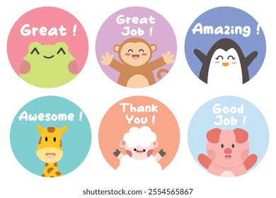 Great job stickers set illustration. Kids motivation phrase stickers with cute animal illustration. Suitable for flat design illustration, clip art, stickers, etc