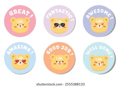 Great job stickers set illustration. Kids motivation phrase stickers with cute animal illustration. Suitable for flat design illustration, clip art, stickers, etc