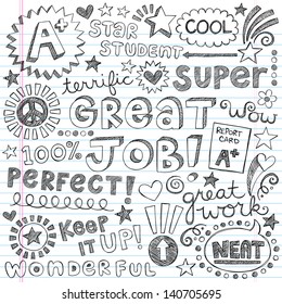 Great Job Super Student Praise Hand Lettering Phrases Back To School Sketchy Notebook Doodles- Hand-Drawn Illustration Design Elements On Lined Sketchbook Paper Background