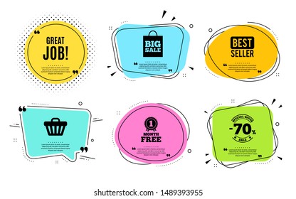 Great job symbol. Best seller, quote text. Recruitment agency sign. Hire employees. Quotation bubble. Banner badge, texting quote boxes. Great job text. Coupon offer. Vector