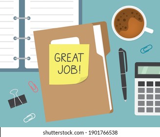 great job written on yellow sticky note on file folder - vector illustration