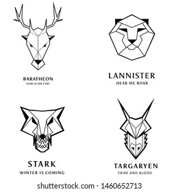 Great kingdoms houses gaming heraldic vector icons with line animals and throne symbols.