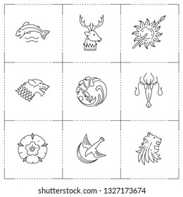 Great kingdoms houses heraldic. Lion, wolf, dragon, rose, octopus, fish, deer, bird, sun icons in thin outline style