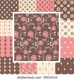 Great kit of vintage seamless patterns with floral ornate in pink and brown colors