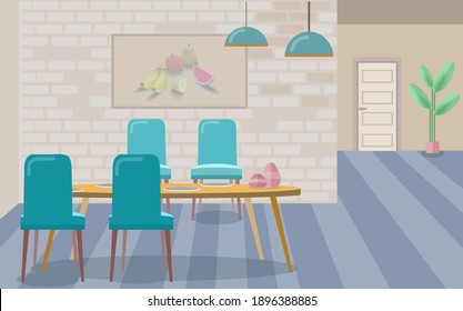 Great kitchen design with large table and chairs. Vector illustration