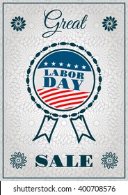 Great Labor Day Sale. Advertising banner in white and blue colors. Vector promotion card.