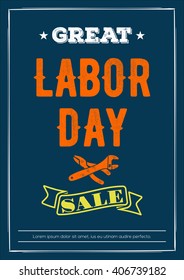 Great Labor Day Sale. Advertising banner in dark blue, orange and white colors. Vector promotion card.