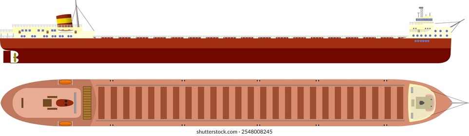 Great Lake Cargo Ship. Side and top profile of a great laker cargo ship similar in style to the Edmund Fitzgerald. Isolated vector illustration.