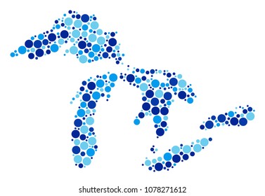 Great Lakes Map collage of spheric dots in various sizes and blue color tinges. Random round elements are organized into Great Lakes Map illustration. Vector cartography blue map vector illustration.
