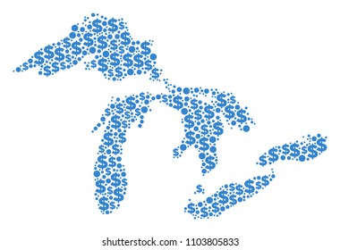 Great Lakes map composition of dollars and round dots in different sizes. Abstract vector economics and GDP Great Lakes map.