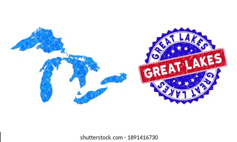 Great Lakes map polygonal mesh with filled triangles, and scratched bicolor stamp imitation. Triangle mosaic Great Lakes map with mesh vector model, triangles have variable sizes, and positions,
