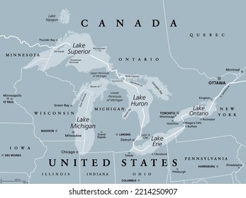 Great Lakes of North America, gray political map. Lakes Superior, Michigan, Huron, Erie and Ontario. Series of large interconnected freshwater lakes, on or near the border of Canada and United States.