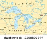 Great Lakes of North America political map. Lakes Superior, Michigan, Huron, Erie and Ontario. Series of large interconnected freshwater lakes on or near the border of Canada and of the United States.