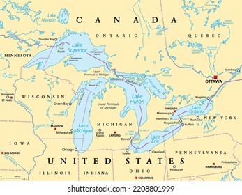 Great Lakes of North America political map. Lakes Superior, Michigan, Huron, Erie and Ontario. Series of large interconnected freshwater lakes on or near the border of Canada and of the United States.