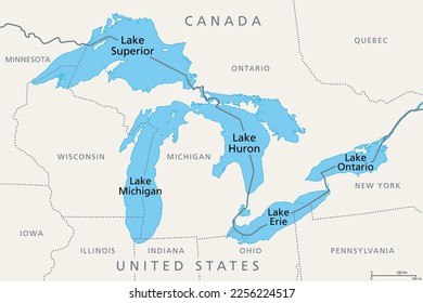 Great Lakes of North America, political map. Lake Superior, Michigan, Huron, Erie and Lake Ontario. A series of large interconnected freshwater lakes on or near the border of Canada and United States.