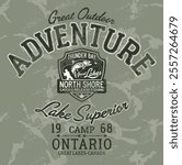 Great Lakes Ontario catch and release fishing camp vintage vector print for outdoor wear shirt sweatshirt grunge effect in separate layer