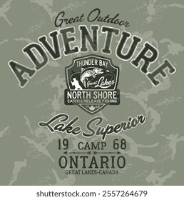 Great Lakes Ontario catch and release fishing camp vintage vector print for outdoor wear shirt sweatshirt grunge effect in separate layer