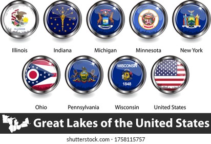 Great Lakes Region With US States. Vector Image