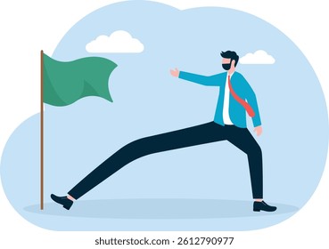 Great leap forward, big step, grandiose and unrealistic plan and goal, businessman takes a big step from small goal to big goal,

