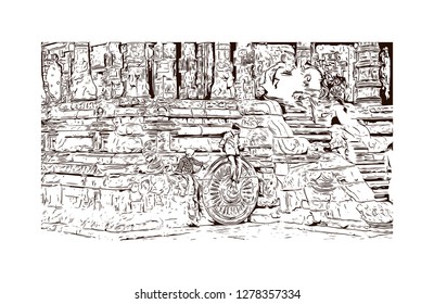The Great Living Chola Temples is a UNESCO World Heritage Site designation for a group of Chola dynasty era Hindu temples in the Indian state of Tamil Nadu. Hand drawn sketch illustration in vector.