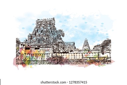 The Great Living Chola Temples is a UNESCO World Heritage Site designation for a group of Chola dynasty era Hindu temples in the Indian state of Tamil Nadu. Hand drawn sketch illustration in vector.