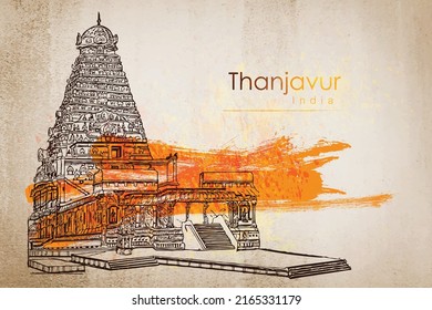 The Great Living Chola Temples is a UNESCO World Heritage Site designation for a group of Chola dynasty era Hindu temples in the Indian state of Tamil Nadu. Hand drawn sketch illustration in vector