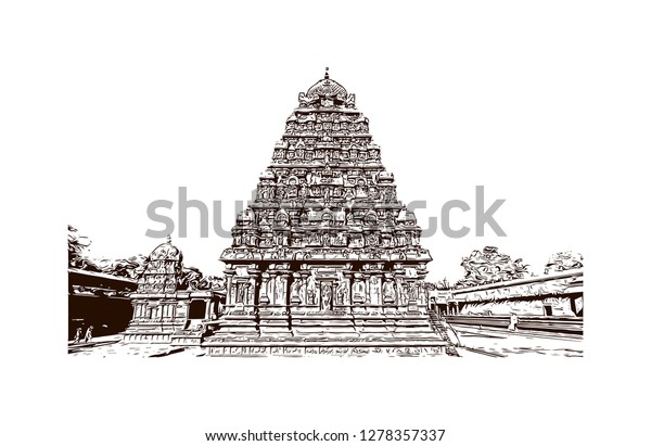 チョラ大生の寺院は インドのタミル ナドゥ州にあるチョラ王朝時代のヒンドゥー教寺院群の世界遺産の指定地です 手描きのスケッチイラスト ベクター画像 のベクター画像素材 ロイヤリティフリー
