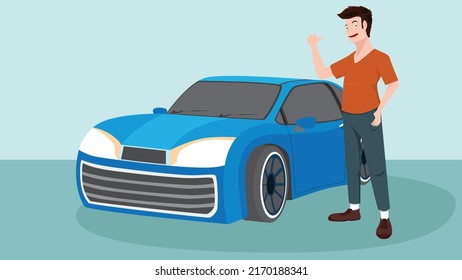 Great man raising his hand standing with the promotion of owning a beautiful car. With soft green and blue color for background.