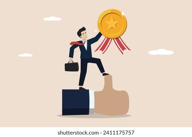 Great manager or successful staff winning award, staff award or best office worker concept, successful businessman manager celebrating employee award with big thumbs up symbol.