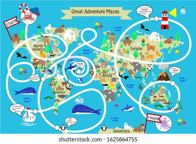 Great Map World Maze Game. Help crab find way to Australia. Finger educational game for children, preschoolers with obstacles, tasks. Big Adventure
