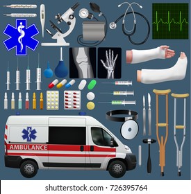 Great medical set. Wide variety of subjects, tools, medicines, ambulance, diagnostics and treatment. Realistic images. Vector illustration.