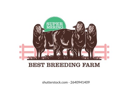 great merino sheep standing at farm logo, silhouette of happy ram family vector illustrations