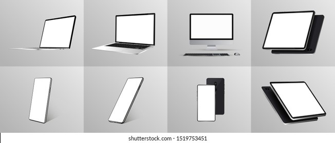 Great minimalist 3D gadgets set. Mockups at different angles.  Devices - Smartphone, tablet, laptop and pc. Devices collection Mockups generic gadget. Mockups perspective and isometric view. Vector