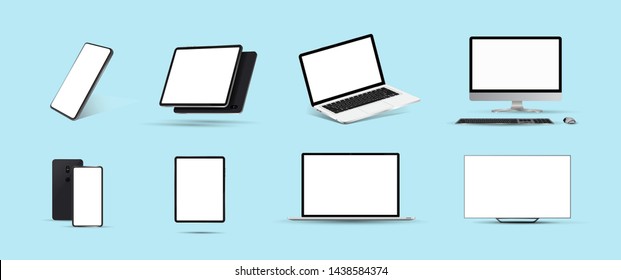 Great minimalistic 3d device set. Mockups at different angles. Smartphone, tablet, laptop, pc and TV. Vector collection Mockups generic device. Template for infographics or presentation. Mockup set