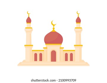 Great Modern Colorful Arabic Mosque Landscape Isolated On White Background. Islamic Religion. Cartoon Flat Style. Vector Illustration.