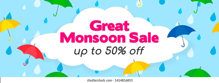 Great Monsoon Sale Banner Vector Illustration. Umbrellas on rain drops background.