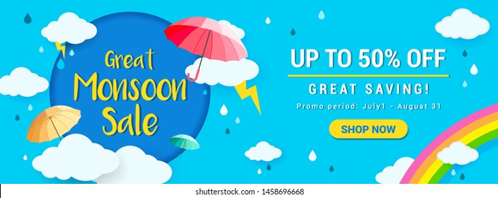 Great Monsoon Sale Banner Vector Illustration. Rainy Season Promotion