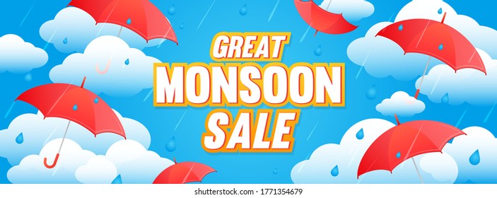 Great Monsoon Sale Banner Vector Illustration. Rainy Season Promotion With Red Umbrellas