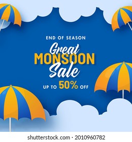 Great Monsoon Sale Poster Design With 50% Discount Offer And Umbrella Decorated On Blue Clouds Background.