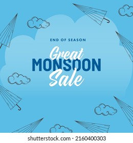 Great Monsoon Sale Poster Design Decorated With Linear Style Umbrella And Clouds On Blue Background.