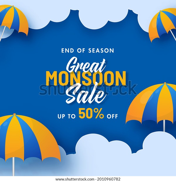 Great Monsoon Sale\
Poster Design With 50% Discount Offer And Umbrella Decorated On\
Blue Clouds Background.
