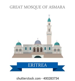 Great Mosque in Asmara Eritrea. Flat cartoon style historic sight showplace attraction web site vector illustration. World countries cities vacation travel Africa sightseeing collection.