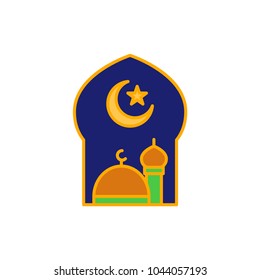 Great mosque with Crescent moon and star for Islam symbol. Simple monoline icon style for muslim ramadan and eid al fitr celebration.